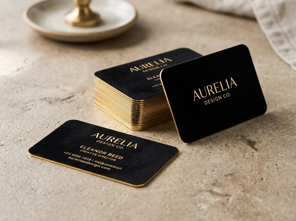 Thick 400 GSM velvet card with gold foil and corner cut - Slide 1