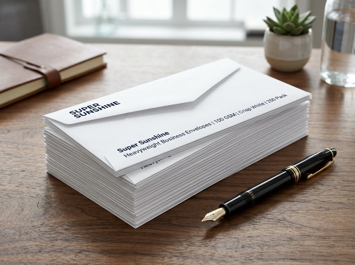 100 GSM Super Sunshine bright white executive business envelopes with clean flap